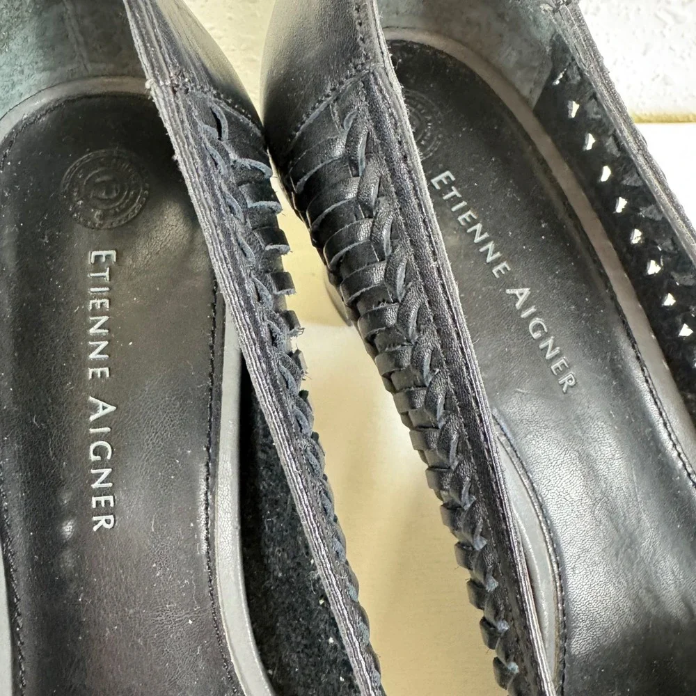Etienne Aigner Womens Black Leather Woven Whipstitch Square Toe Block Heel Pumps - Picture 5 of 7